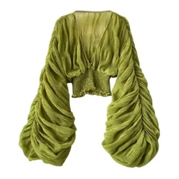 Chartreuse Green Chiffon Long Sleeve Bell Sleeve Top | Brand New | Small - Picture 1 of 9